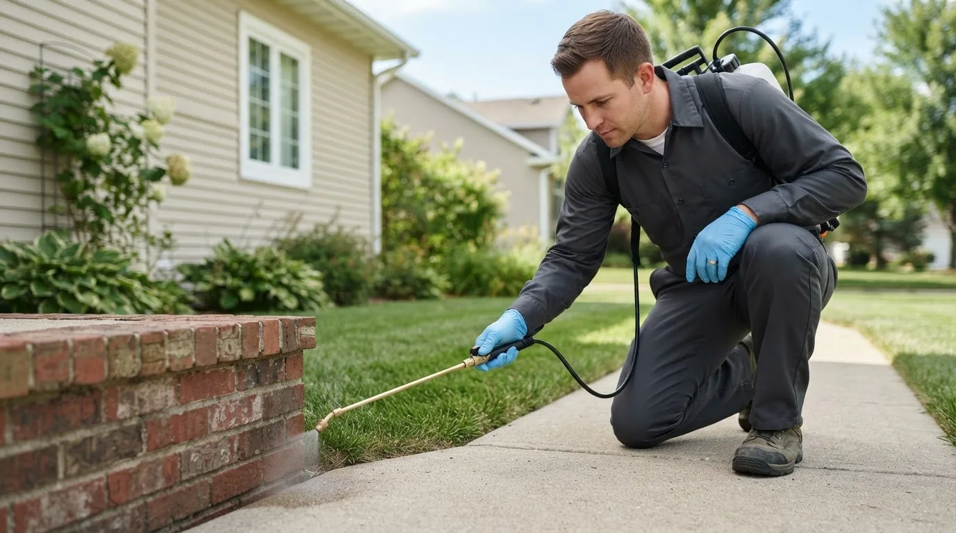 Pest control technician treating a home near New London, CT